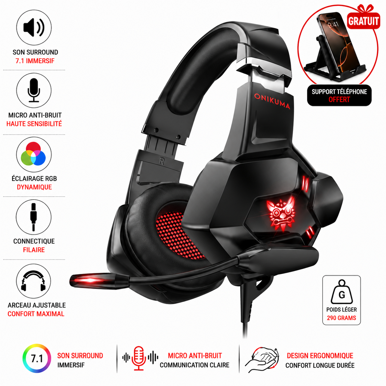 Casque Gaming Onikuma K10 Pro + Support Téléphone Gratuit thumbnail 1