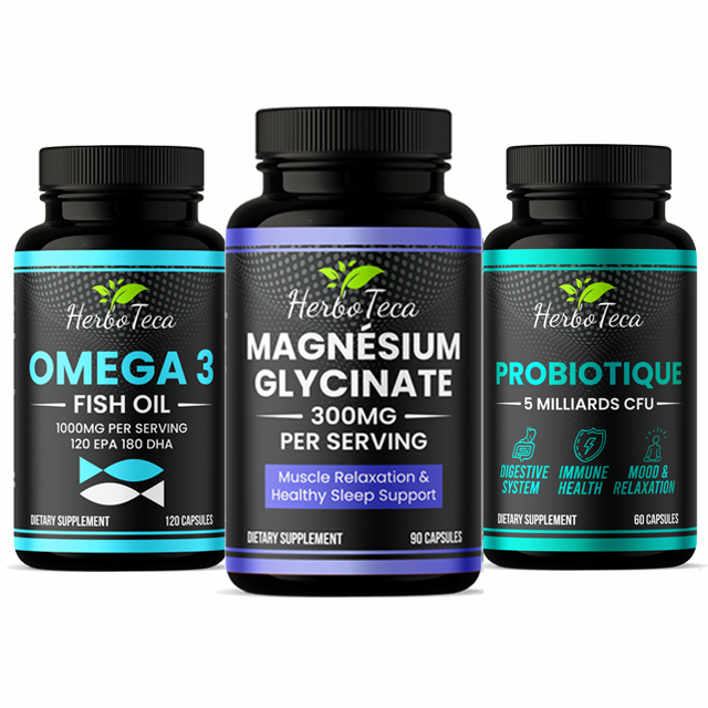 Pack Bien-être Total – Magnésium Glycinate 300mg, Oméga 3 1000mg, Probiotique 5 Milliards Cfu