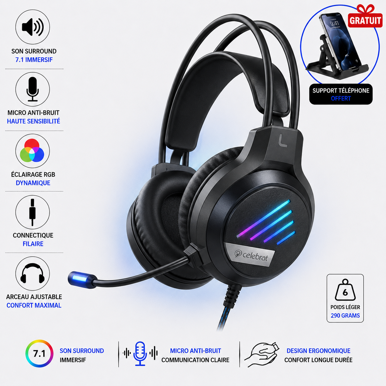 Casque Gaming Célébrât  – Son Immersif & Confort Absolu