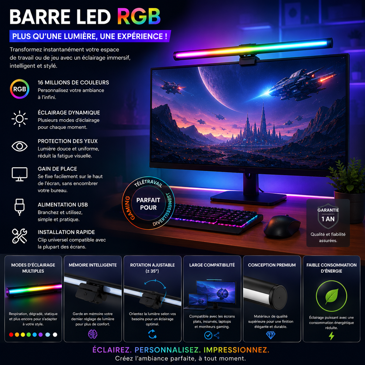 Monitor Light Led Lampe Écran Pc Lampe De Bureau Usb D'ordinateur 40cm Rgb