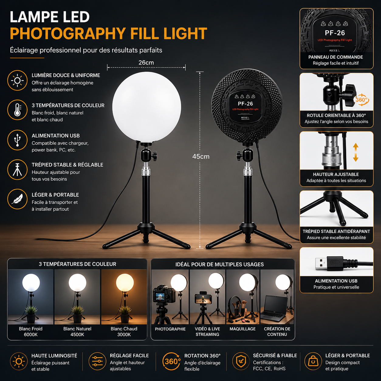 Lampe Led Ronde Pf-26 5700k Pour Photo & Vidéo