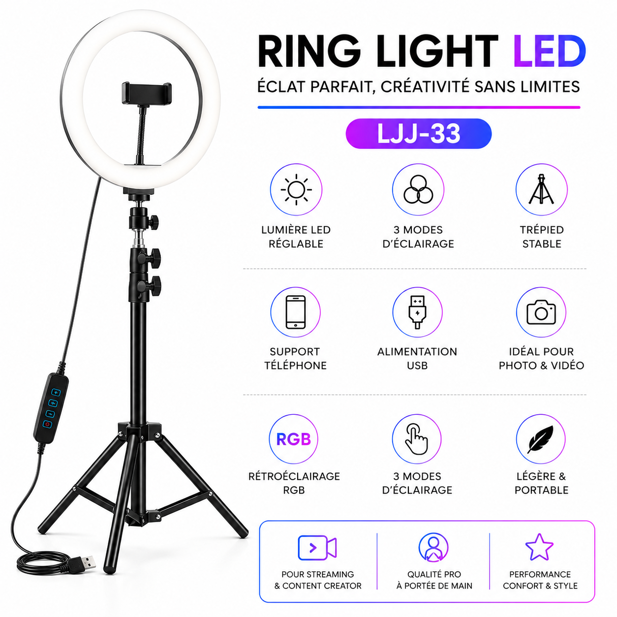 Ring Light Ljj-33 Led Selfie Photographie Youtubeurs Avec Tripod