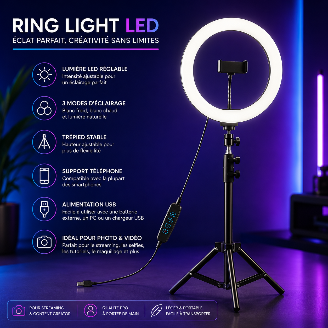 Ring Light Ljj-33 Led Selfie Photographie Youtubeurs Avec Tripod