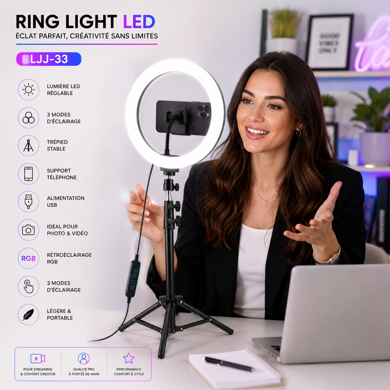 Ring Light Ljj-33 Led Selfie Photographie Youtubeurs Avec Tripod thumbnail 3