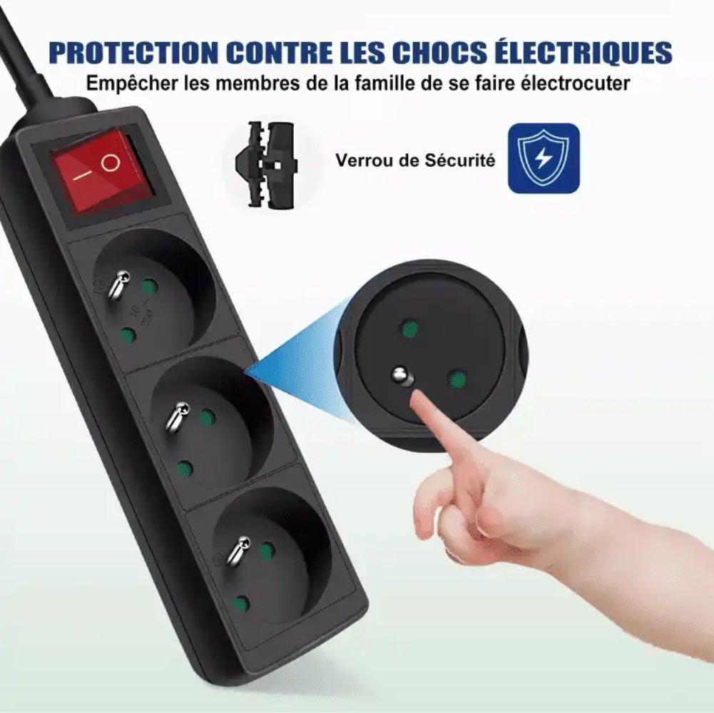 Rallonge 3 Prises – 3m, Noire, Sécurité Et Portée Maximale