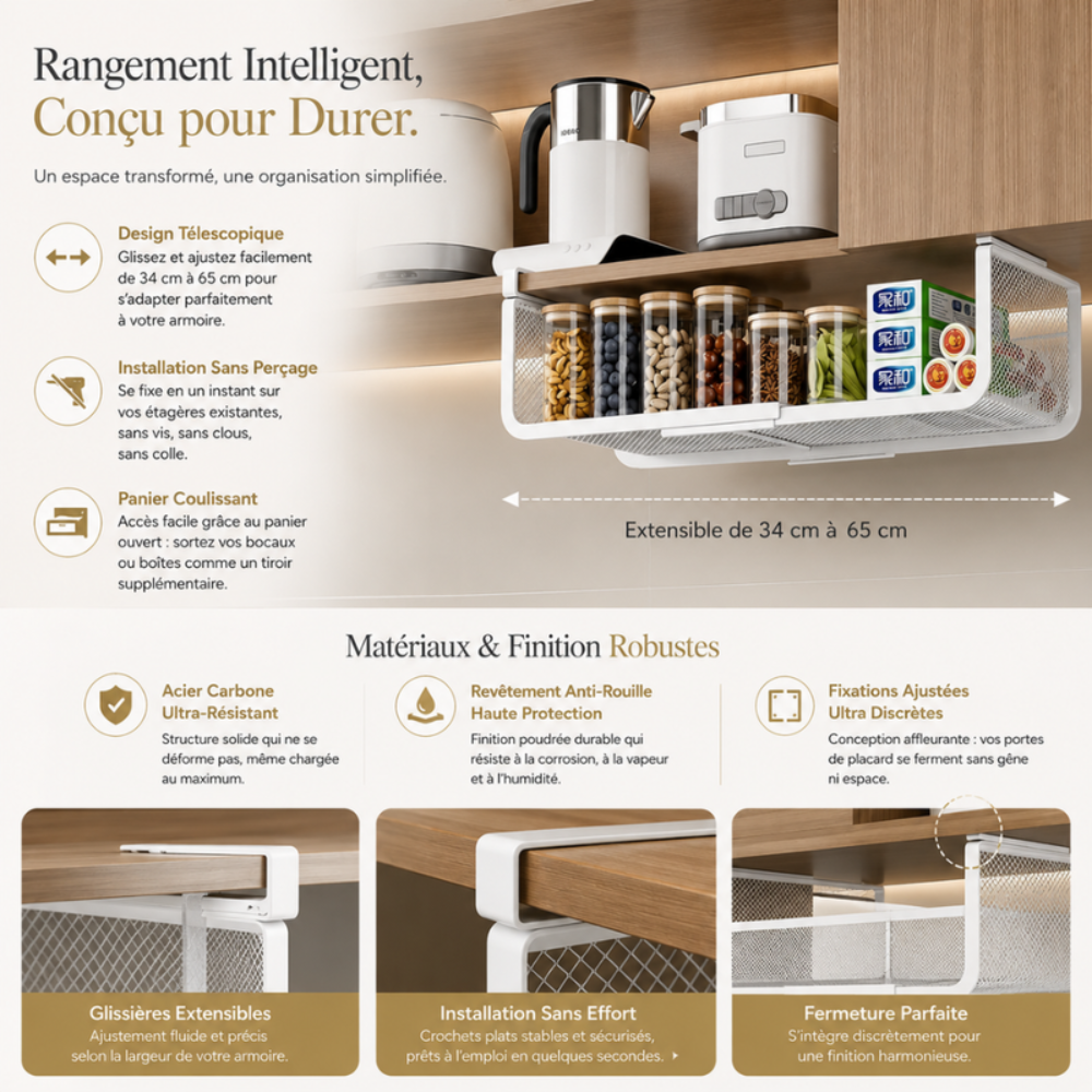 Panier De Rangement Suspendu Extensible Sous Étagère – Couleur Aléatoire thumbnail 4