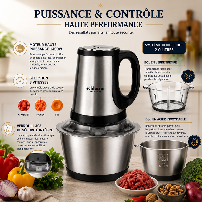 Hachoir Électrique Multifonctions Schlëizer 1400w - Couleur Aleatoire thumbnail 2