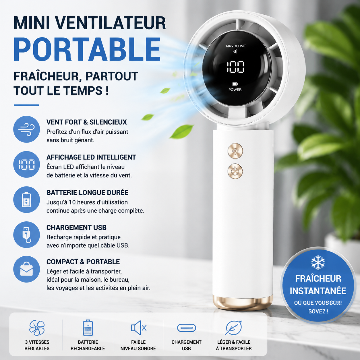 Mini Ventilateur Portable Rechargeable Led 