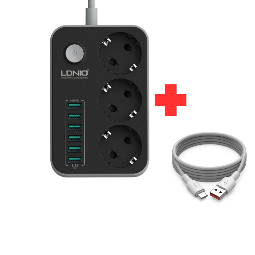 Ldnio Se3631 – Multiprise 3 Prises + 6 Ports Usb 3.4a Avec Protection Intégrée + Câble Kalio Sj127 Usb-c 120w Offert
