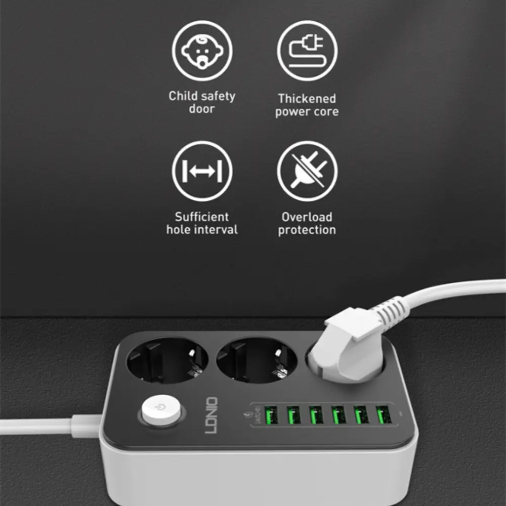 Ldnio Se3631 – Multiprise 3 Prises + 6 Ports Usb 3.4a Avec Protection Intégrée + Câble Kalio Sj127 Usb-c 120w Offert thumbnail 3