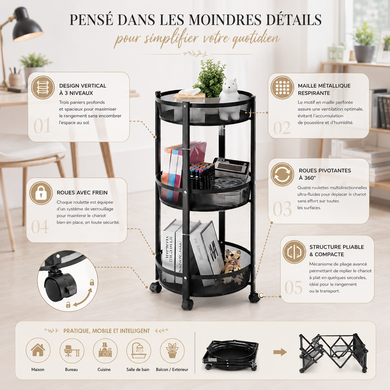 Chariot de Rangement Pliable à 3 Niveaux  - 88 x 38 cm - Coluleur Aléatoire