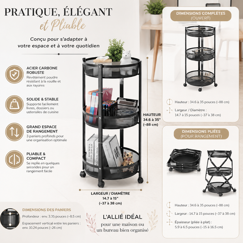 Chariot de Rangement Pliable à 3 Niveaux  - 88 x 38 cm - Coluleur Aléatoire thumbnail 3