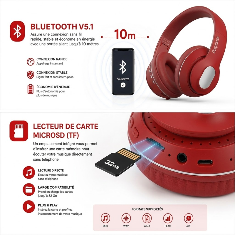 Casque Bluetooth - R8 - Rouge thumbnail 4