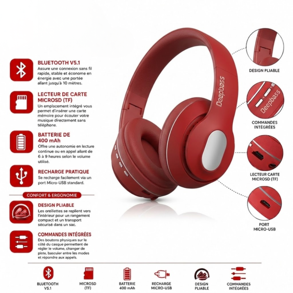 Casque Bluetooth - R8 - Rouge thumbnail 5