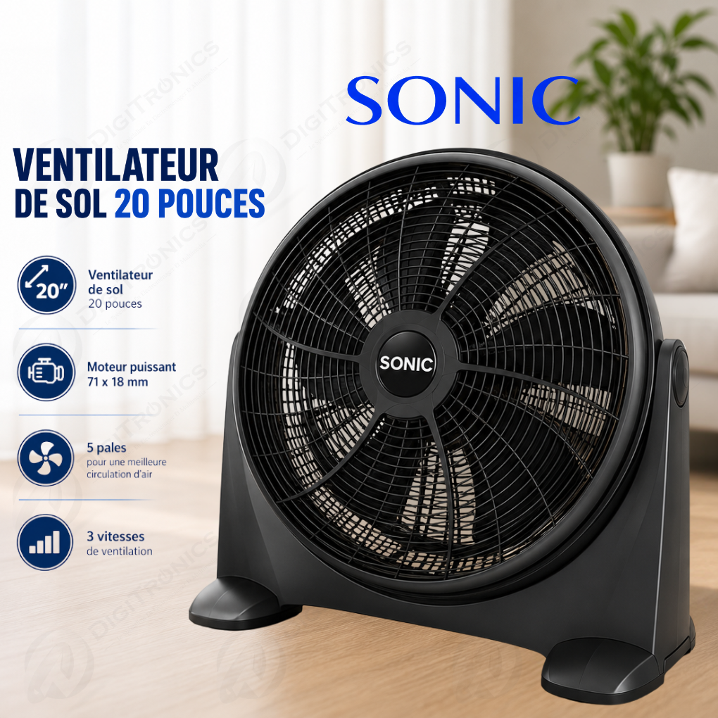 Ventilateur De Sol 20 Pouces 3 Vitesses, 5 Pales Et Moteur Haute Performance, Vtf-2001sc