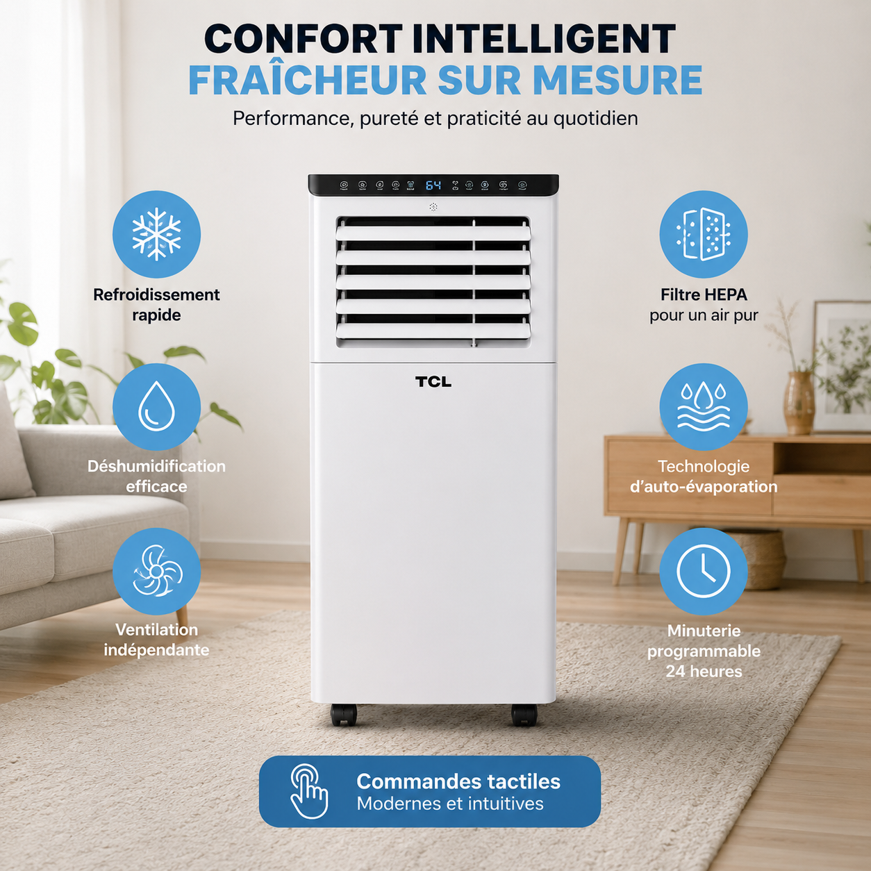 Tcl Climatiseur Mobile 3 En 1 Refroidissement Déshumidification Et Ventilation, Filtre Hepa, R410a, Tac-07cpa/sl2