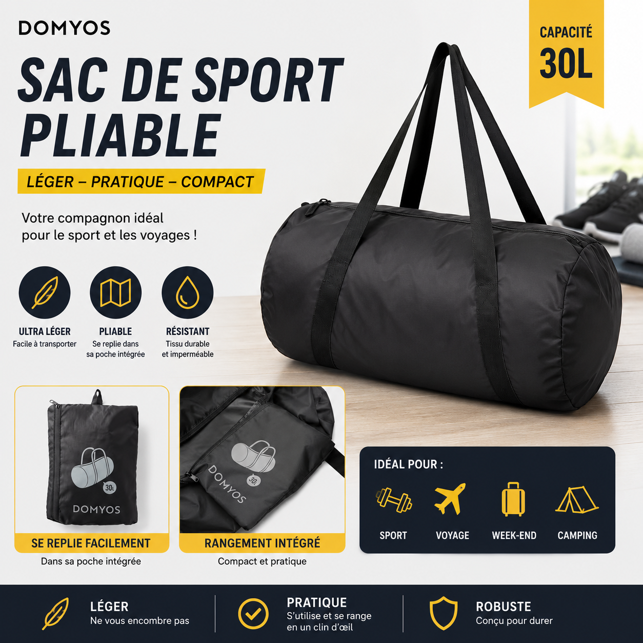 Sac De Sport Pliable 30l – Léger, Compact Et Pratique