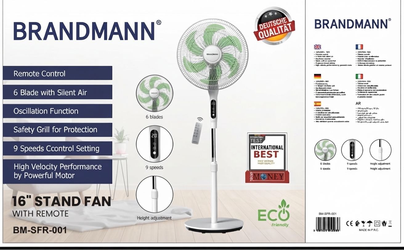 Ventilateur Sur Pied Brandmann 16" – 9 Vitesses, Télécommande, Ultra-silencieux, Marque Allemande