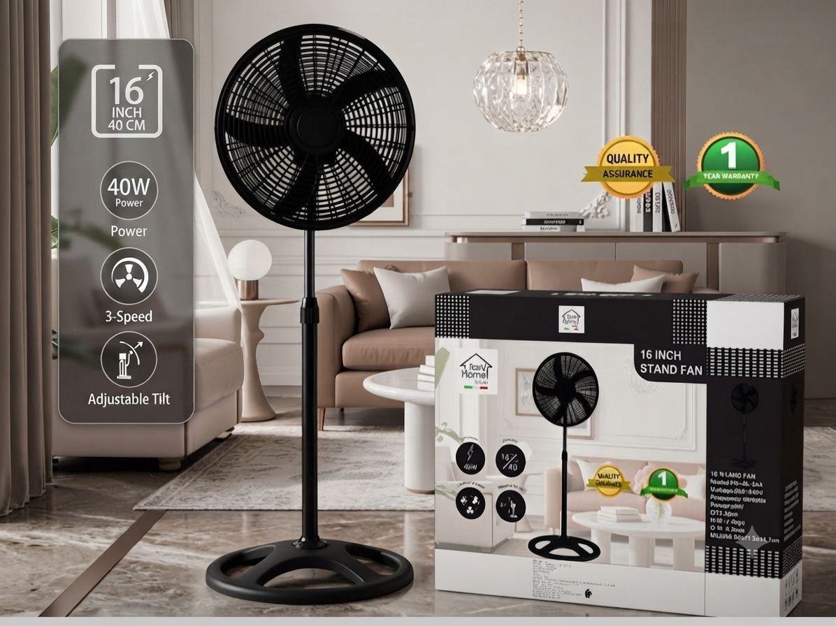 Ventilateur Sur Pied Moderne 16" (40 Cm) - 40w, 3 Vitesses, Inclinaison Réglable - Design Noir Mat Premium