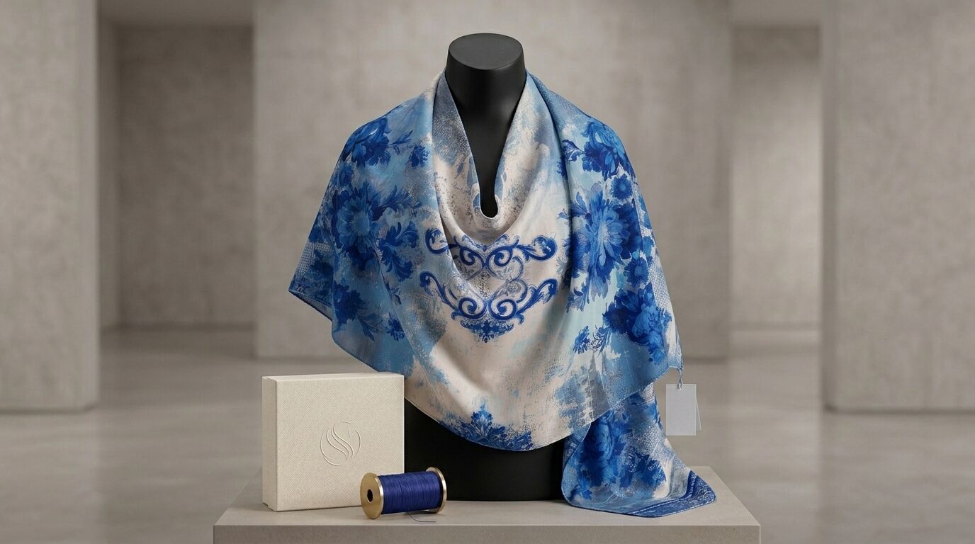 Châle Imprimé Azur 180 × 70 Cm – 100 % Tencel _ Collection Ligne D'harmonie