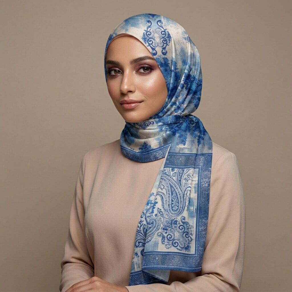 Châle Imprimé Azur 180 × 70 Cm – 100 % Tencel _ Collection Ligne D'harmonie