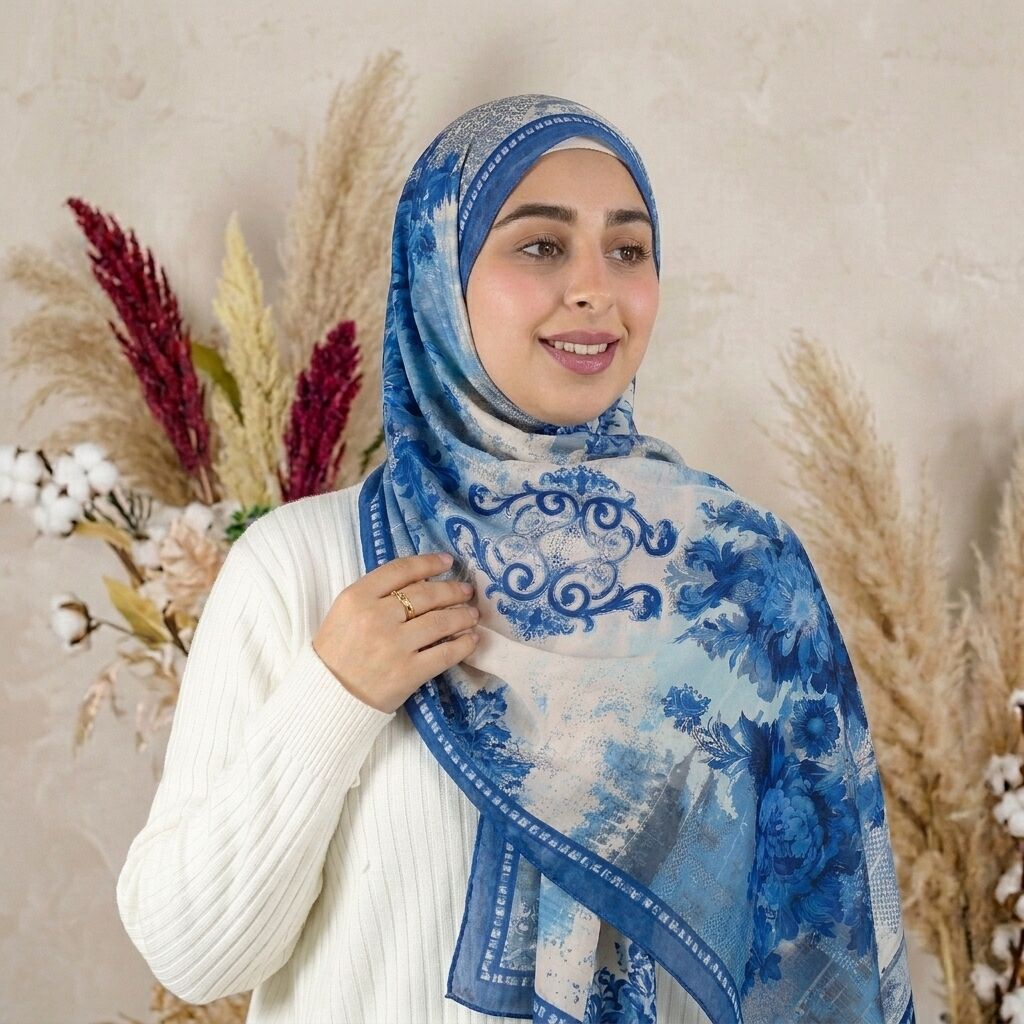 Châle Imprimé Azur 180 × 70 Cm – 100 % Tencel _ Collection Ligne D'harmonie thumbnail 5