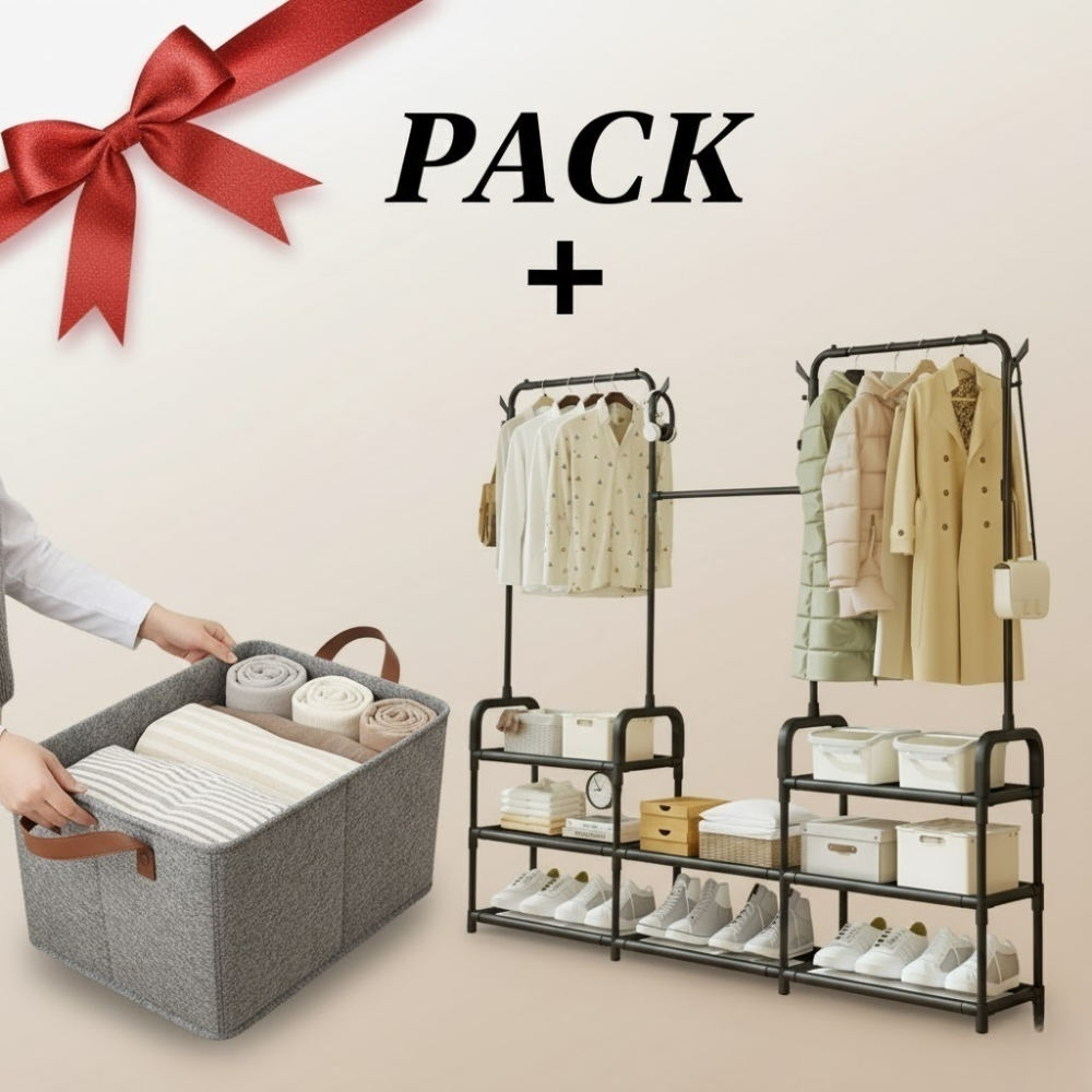 Pack Portant À Vêtements Double + Paniers De Rangement – Organisation Élégante Et Complète thumbnail 1