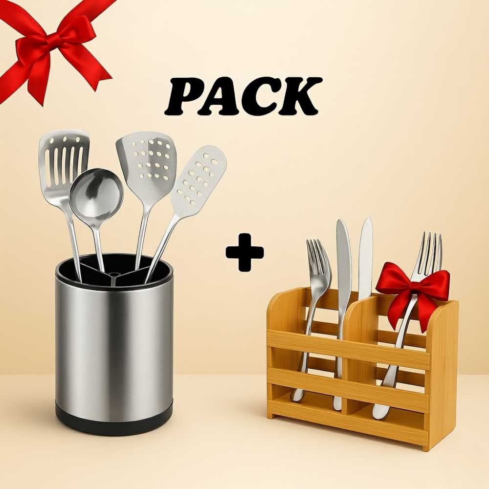 Pack 2 En 1 Rangement Cuisine : Ustensiles + Couverts Bambou thumbnail 1