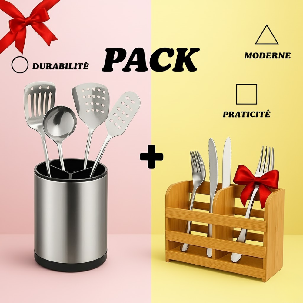Pack 2 En 1 Rangement Cuisine : Ustensiles + Couverts Bambou thumbnail 2