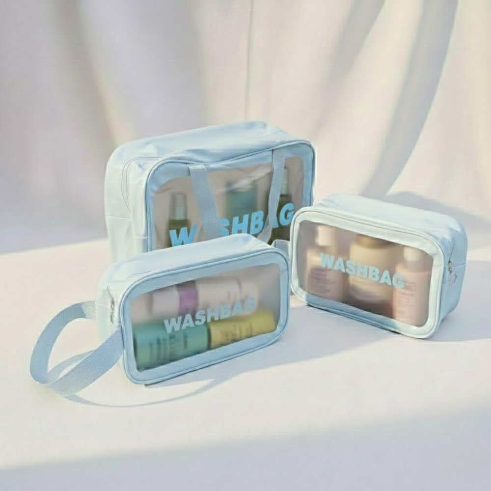 Pack De 3 Trousses De Toilette Bleues – Transparentes Et Étanches
