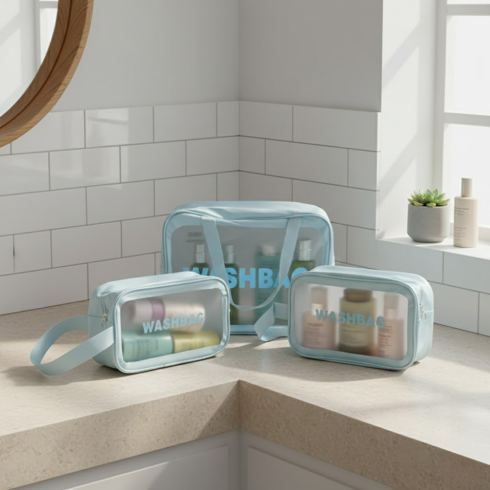 Pack De 3 Trousses De Toilette Bleues – Transparentes Et Étanches thumbnail 3