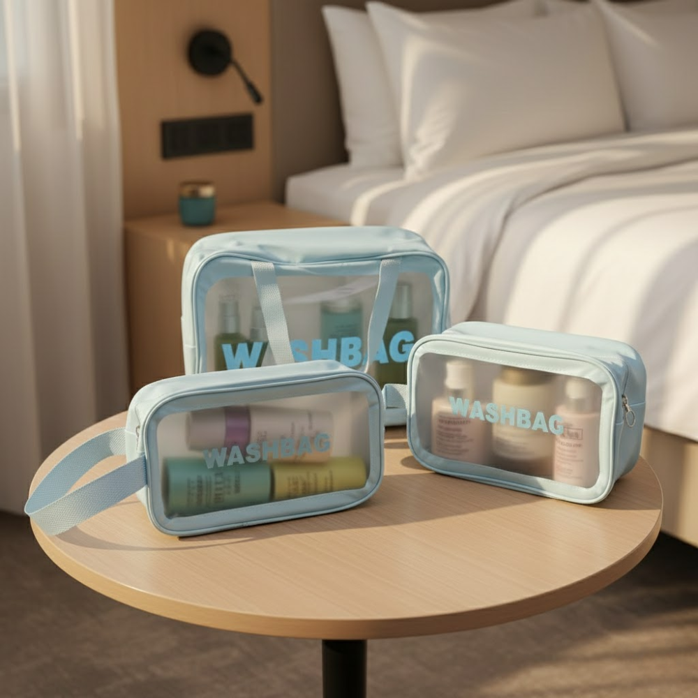 Pack De 3 Trousses De Toilette Bleues – Transparentes Et Étanches thumbnail 4