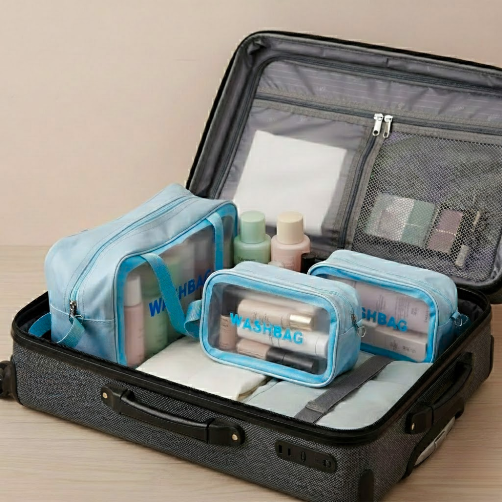 Pack De 3 Trousses De Toilette Bleues – Transparentes Et Étanches thumbnail 5