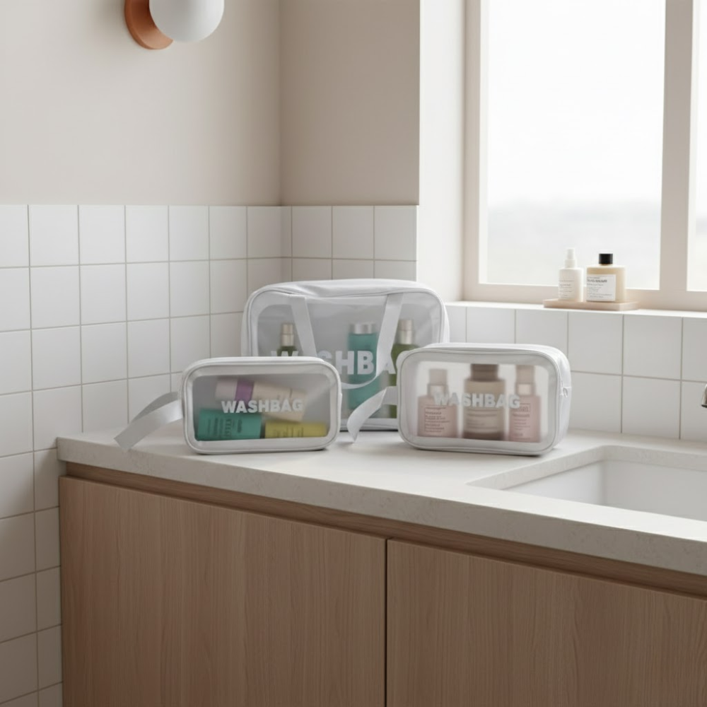 Pack De 3 Trousses De Toilette Blanches – Transparentes & Waterproof thumbnail 4