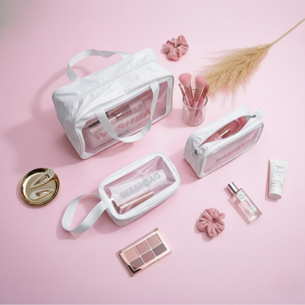 Pack De 3 Trousses De Toilette Blanches – Transparentes & Waterproof thumbnail 5