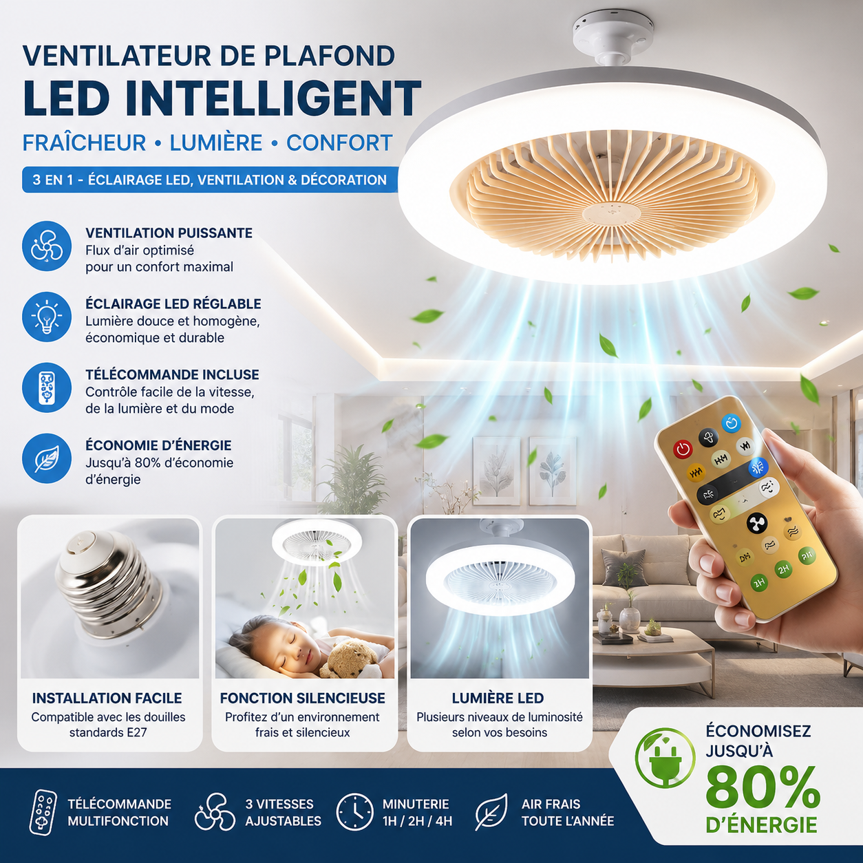 Ventilateur De Plafond Led Intelligent Avec Télécommande thumbnail 1