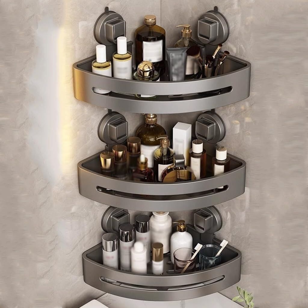 Étagère Murale D'angle 3 Niveaux Sans Perçage – Organisateur De Salle De Bain Multifonction