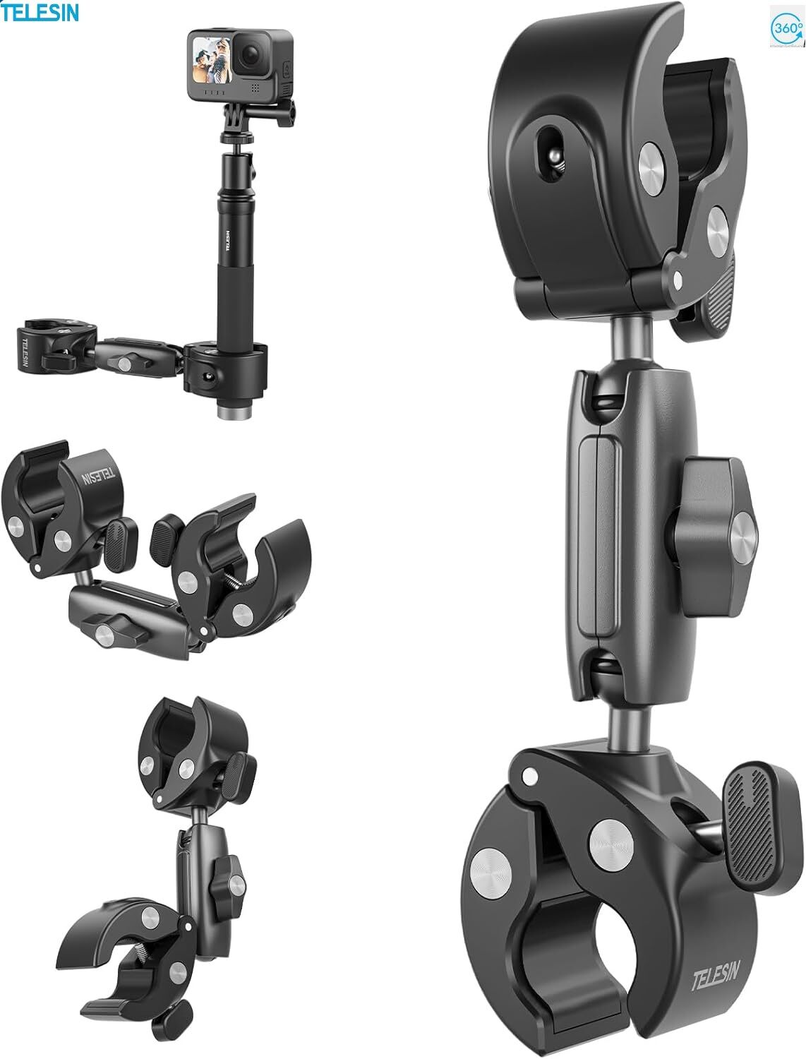 Telesin Support A Double Rotule 360°, Fixation Pour Guidon De Vélo/moto, Compatible Avec Djii Action 6/5/4/3, Gopro Mission 1 Pro, Hero 13/12, Insta360 Luna Ultra 360 X5 Et Xtra Muse