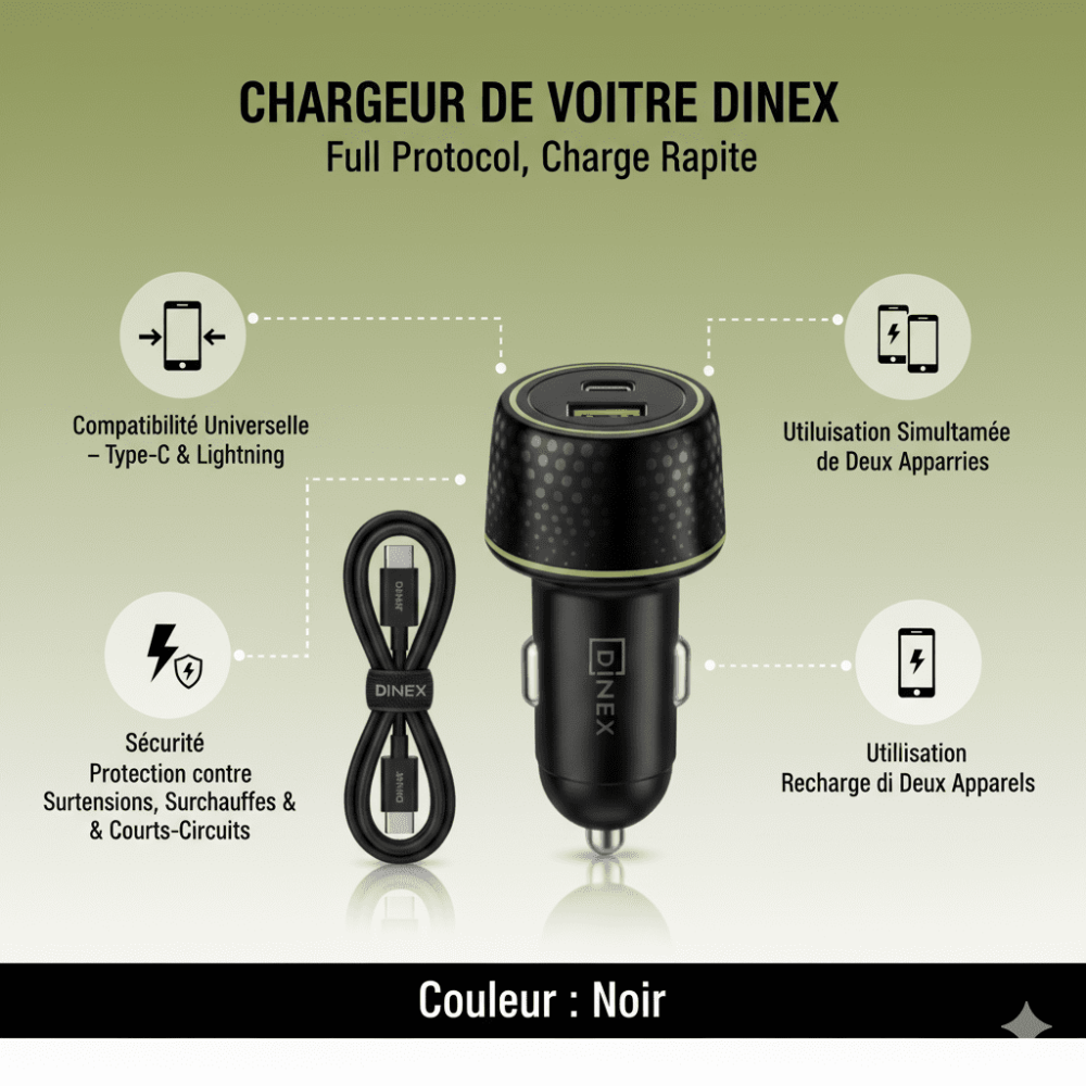 Chargeur Voiture Usb Dinex Invisible ,double Port 48w, Design Discret