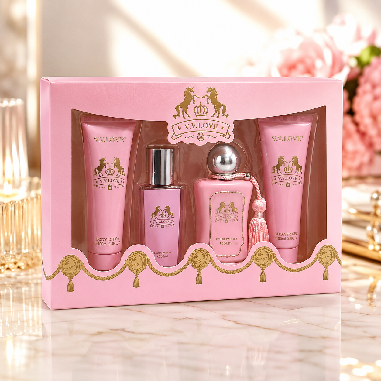 Coffret Cadeau + Eau De Parfum 50 Ml + Lotion Corps + Gel Douche + Brume Parfumée