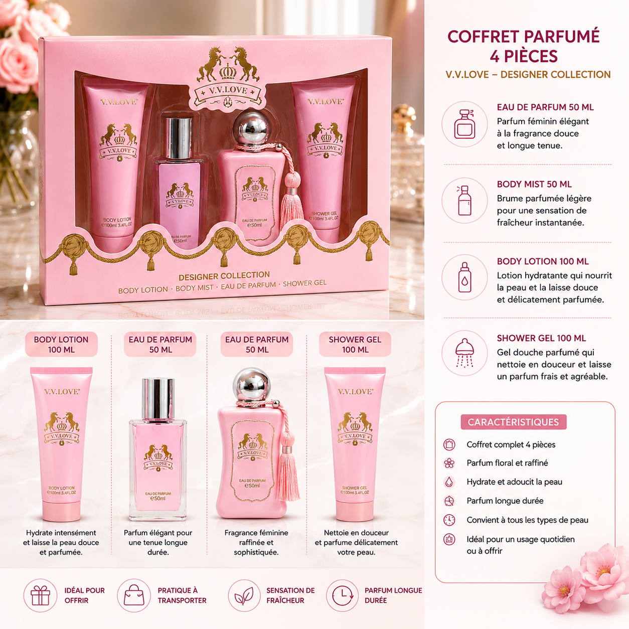Coffret Cadeau + Eau De Parfum 50 Ml + Lotion Corps + Gel Douche + Brume Parfumée