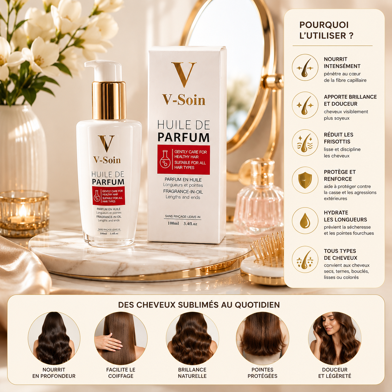Huile De Parfum Professionnelle – Soin Capillaire Sans Rinçage Pour Tous Types De Cheveux