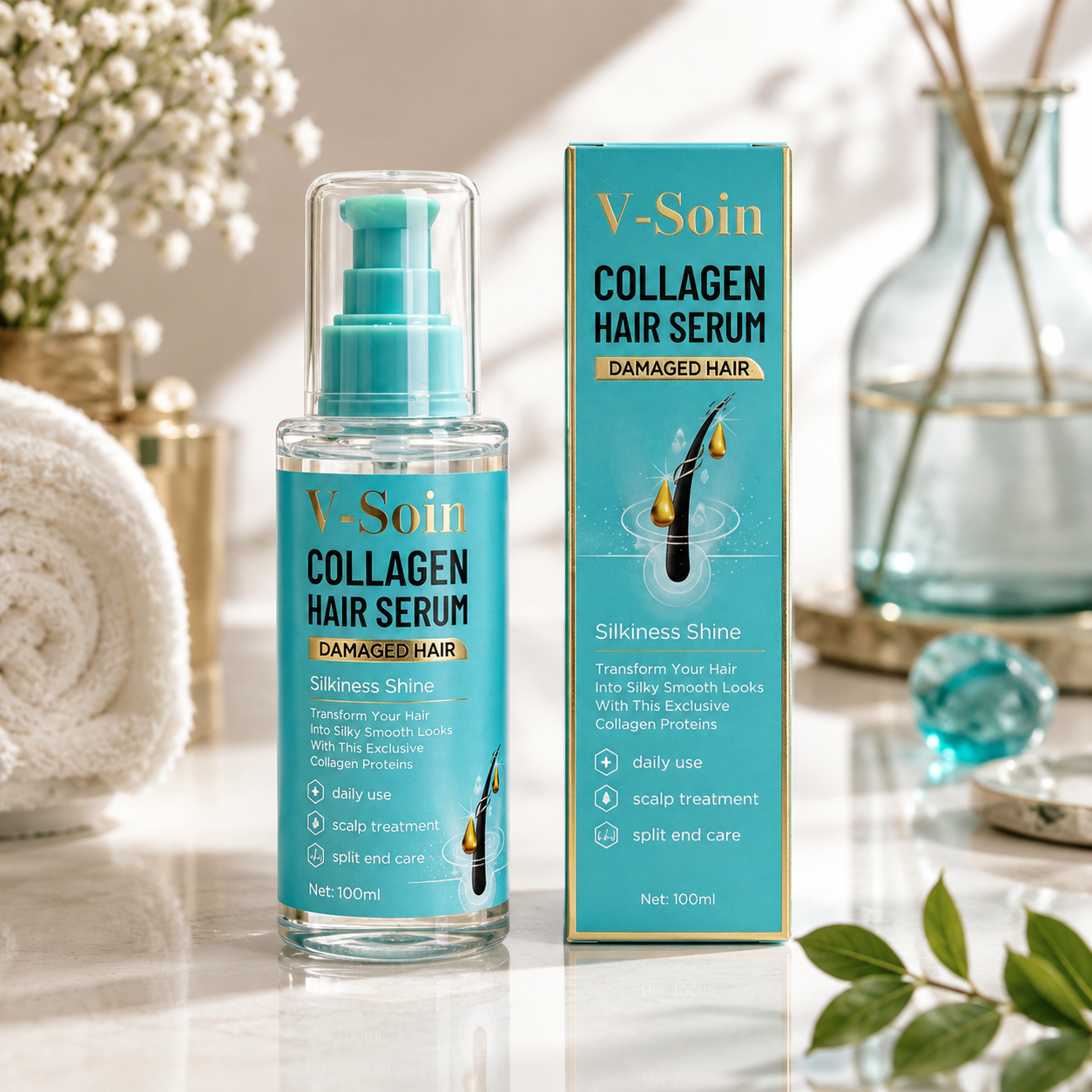 Sérum Capillaire Au Collagène – Soin Réparateur Et Brillance Pour Cheveux Abîmés