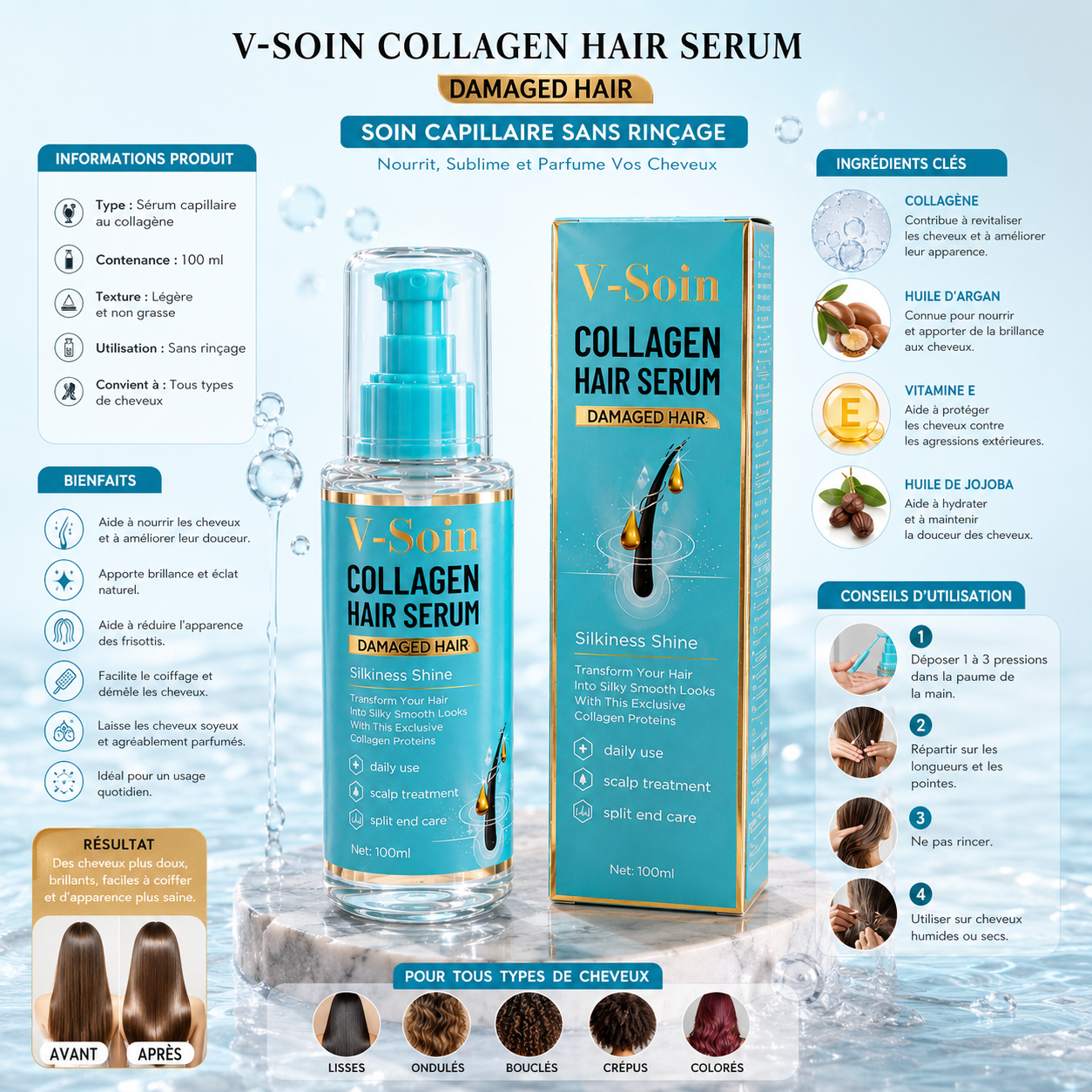 Sérum Capillaire Au Collagène – Soin Réparateur Et Brillance Pour Cheveux Abîmés