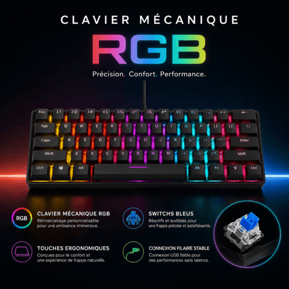Clavier Mécanique Rgb T61 – Switchs Bleus thumbnail 3