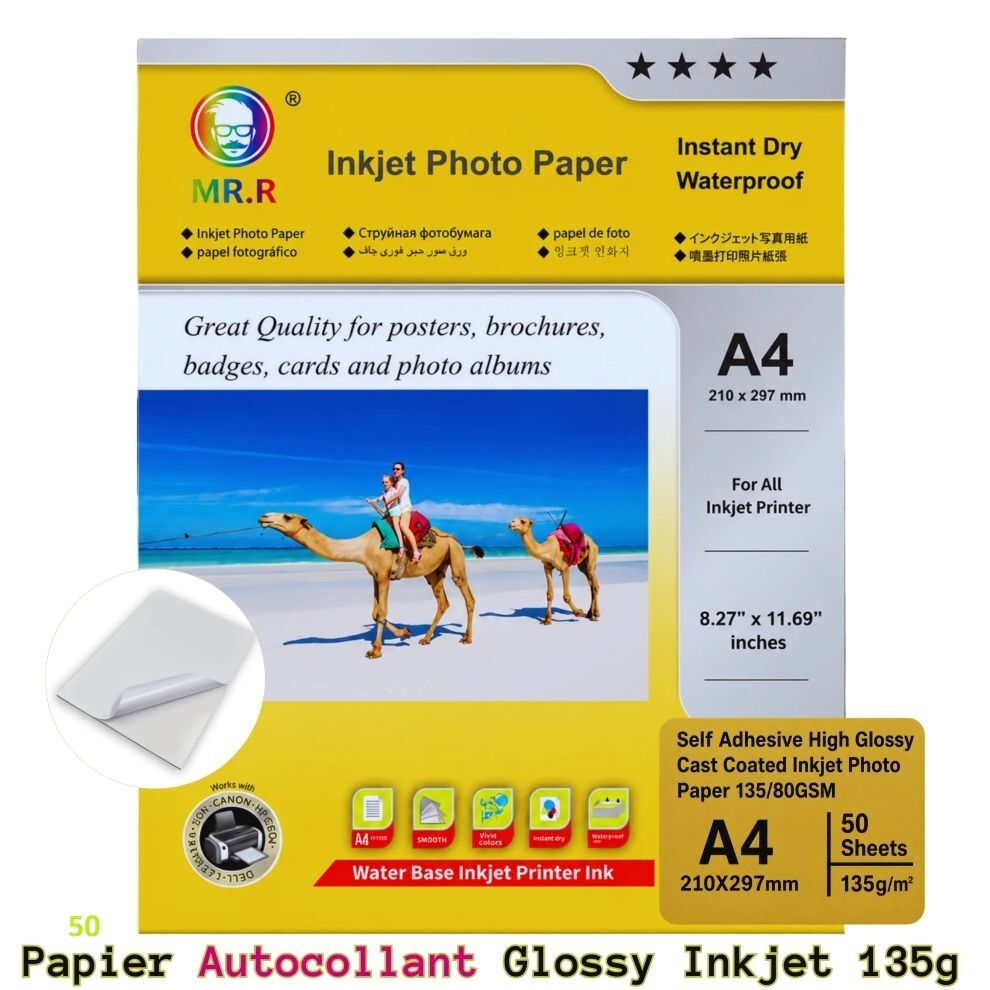 Papier Autocollant Photo Brillant A4 135 G/m² (210 X 297 Mm) Pour Imprimante Jet D’encre –50 Feuilles