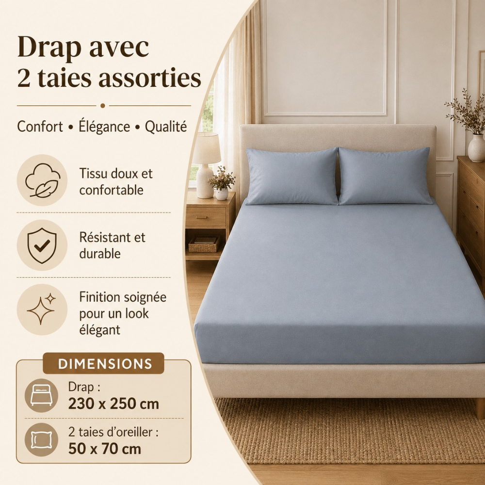 Drap Avec 2 Taies D’oreiller Assorties – 230 X 250 Cm - Couleur Et Designe Aleatoire thumbnail 2