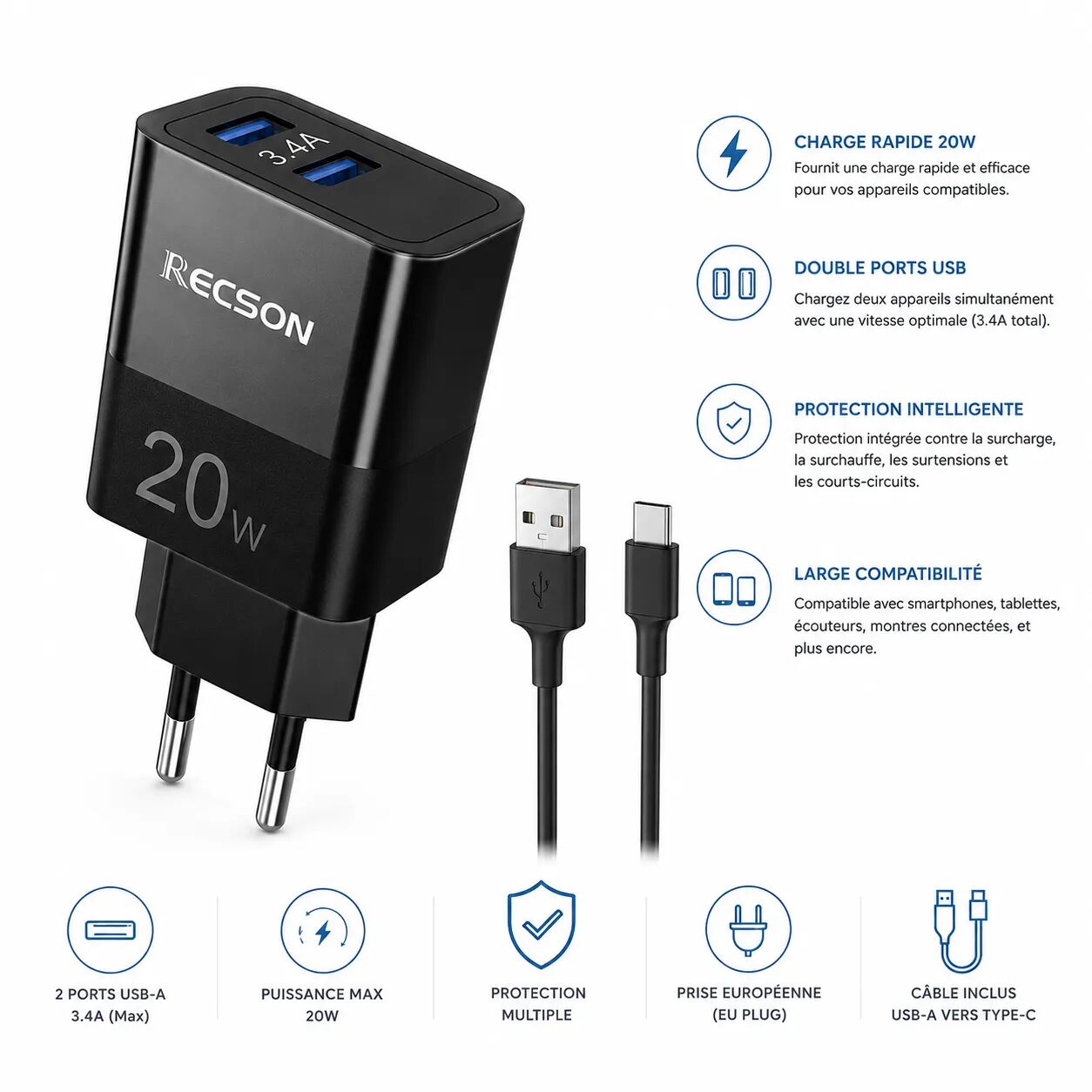 Chargeur Rapide 20w – Double Usb 3.4a Avec Câble Usb-a Vers Type-c
