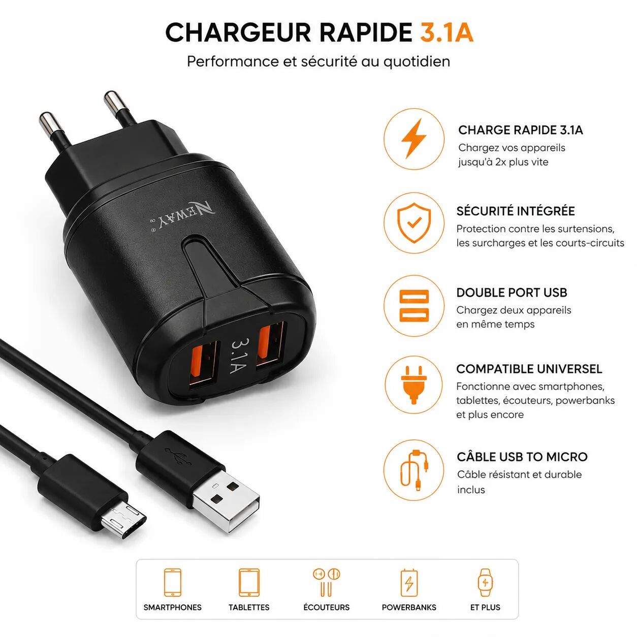 Chargeur Rapide 3.1a Usb + Câble Micro Usb
