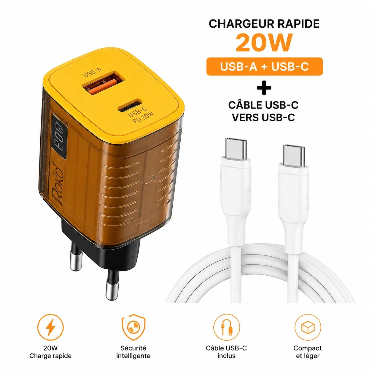 Chargeur Rapide 20w Usb-a Usb-c Avec Câble Usb-c Vers Usb-c